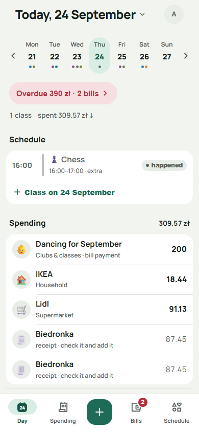 The day screen: an overdue bill, the week, today's classes and two spends.