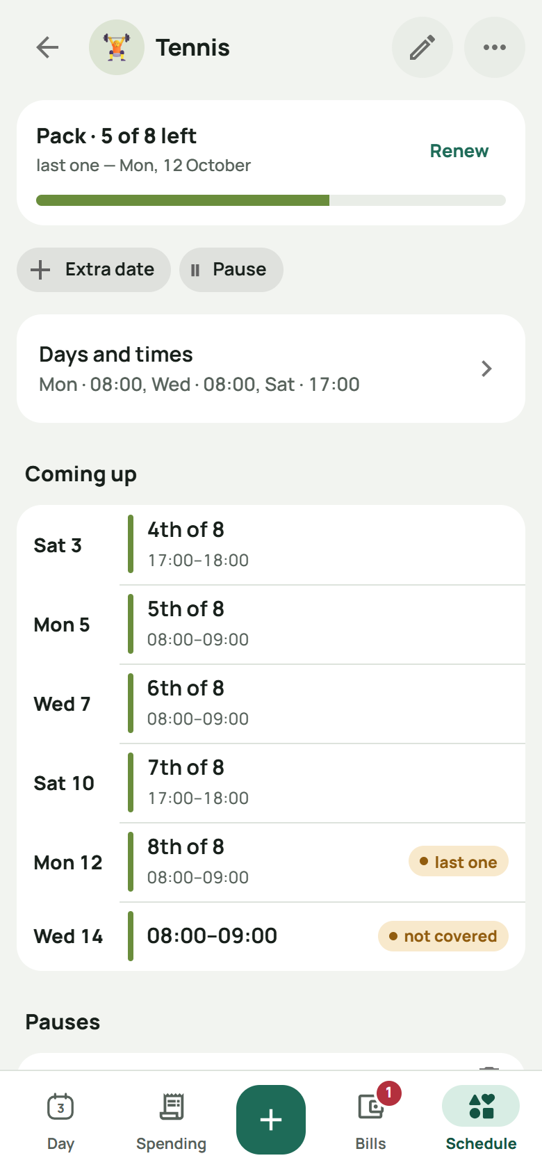 The tennis card: pack, 5 of 8 left, the last one on Monday 12 October, with Renew; the days and times; and the coming classes numbered 4th to 8th of 8, the 8th marked “last one”, then one marked “not covered”.