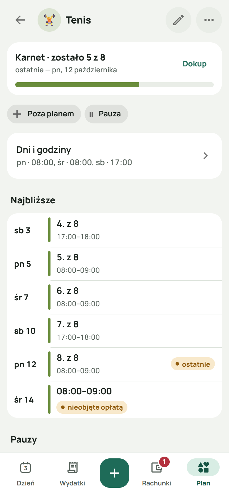 Karta tenisa: karnet, zostało 5 z 8, ostatnie zajęcia w poniedziałek 12 października, z „Dokup”; dni i godziny; najbliższe zajęcia z numerami od 4. do 8. z 8, ósme oznaczone „ostatnie”, a następne — „nieobjęte opłatą”.