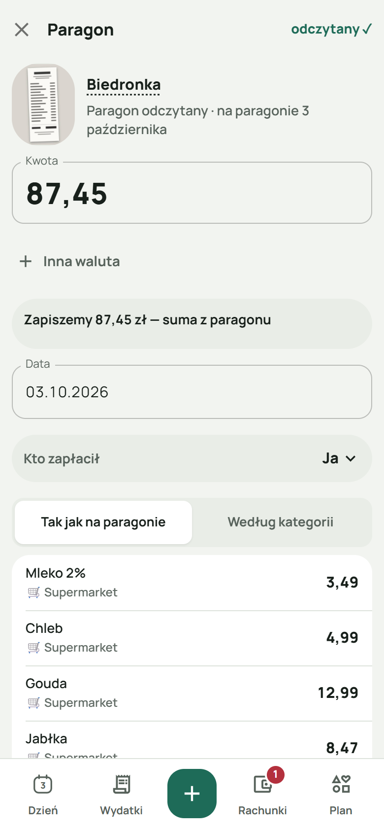 Sfotografowany paragon, odczytany: Biedronka, 87,45, z 3 października, a pod spodem, tak jak na paragonie, każdy zakup ze swoją kategorią — mleko, chleb, gouda, jabłka w kategorii „Supermarket”.