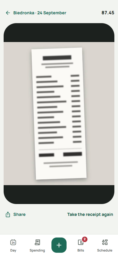 A photographed receipt read into lines: the shop, the total and every purchase with its category.