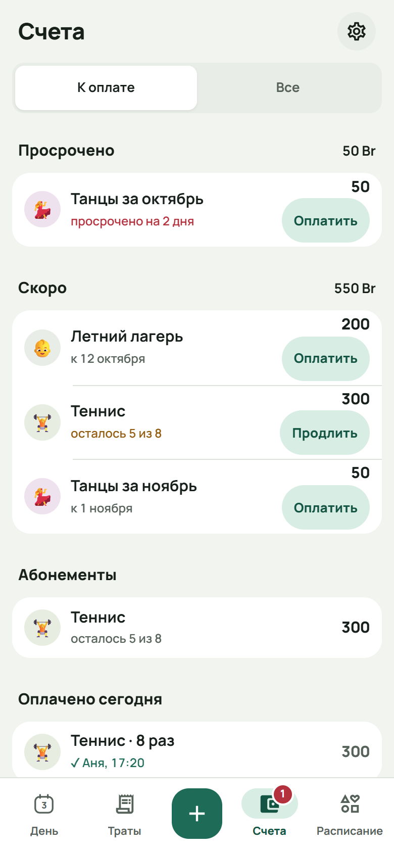 Экран «Счета», вкладка «К оплате»: танцы за октябрь просрочены, с кнопкой «Оплатить»; скоро — летний лагерь и танцы за ноябрь с «Оплатить» и теннис, осталось 5 из 8, с «Продлить»; а в «Оплачено сегодня» абонемент на теннис — заплатила Аня, со временем.