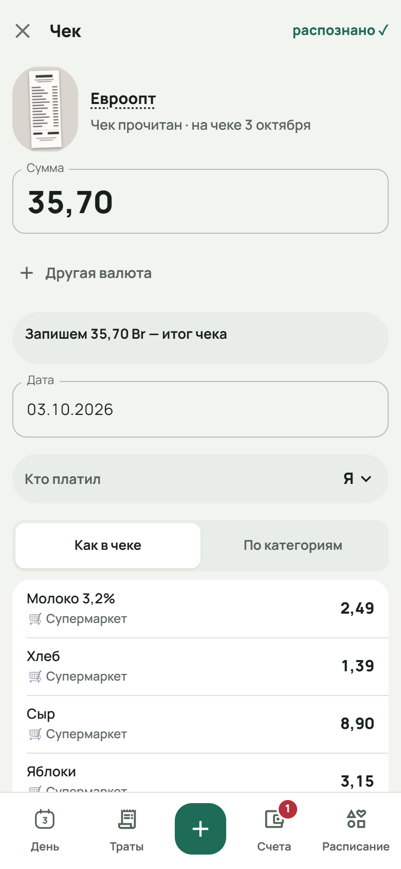 Сфотографированный чек, прочитанный: Евроопт, 35,70 Br, от 3 октября, а ниже, как в чеке, каждая покупка со своей категорией — молоко, хлеб, сыр, яблоки в «Супермаркете».