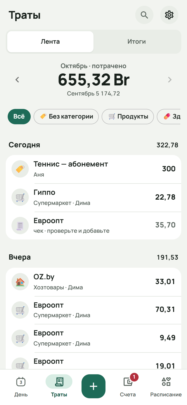 Лента трат: итог октября, под ним сентябрь, категории и каждая трата по дням, сегодняшние сверху; магазины белорусские, суммы в белорусских рублях.