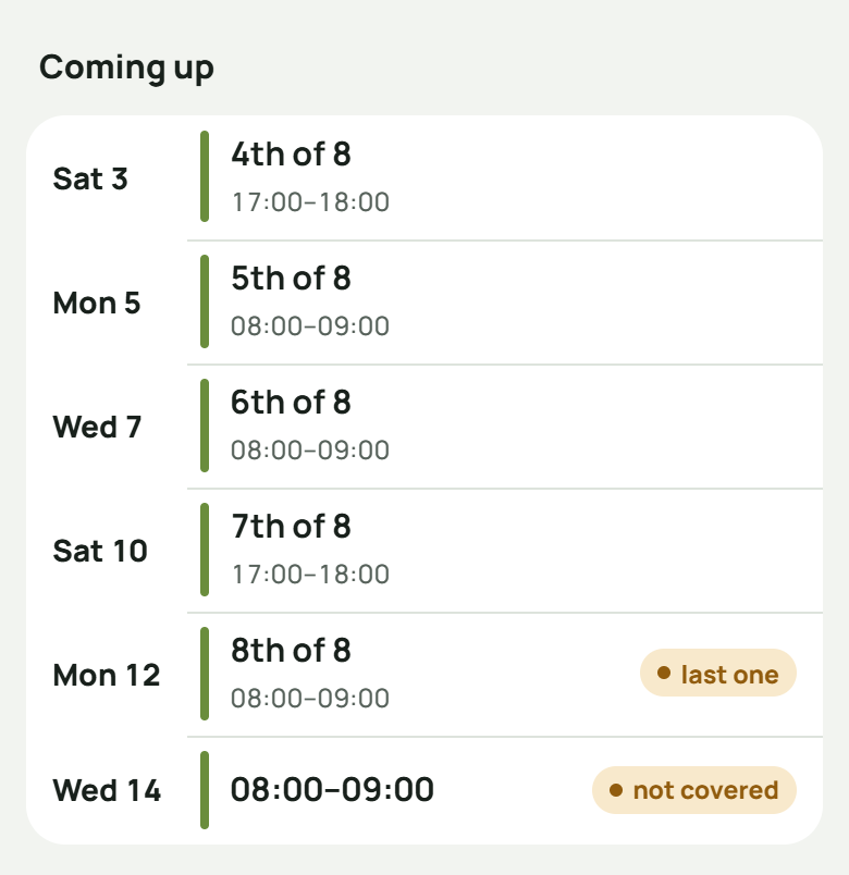 Coming up on the tennis pack: the 4th, 5th, 6th, 7th and 8th classes of 8, each with its day and time, the 8th marked “last one”, and the class after it marked “not covered”.