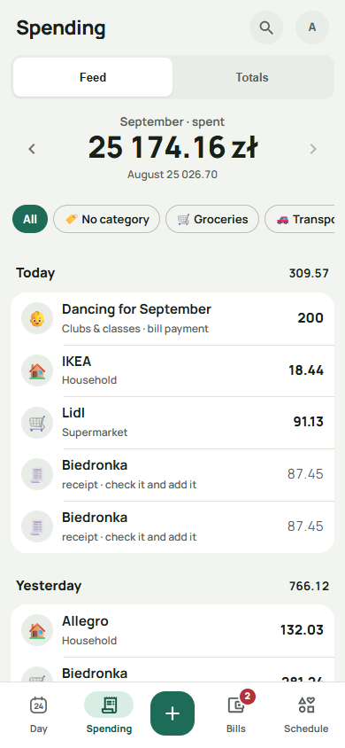 The spending feed: the month's total, category chips and every spend by day.